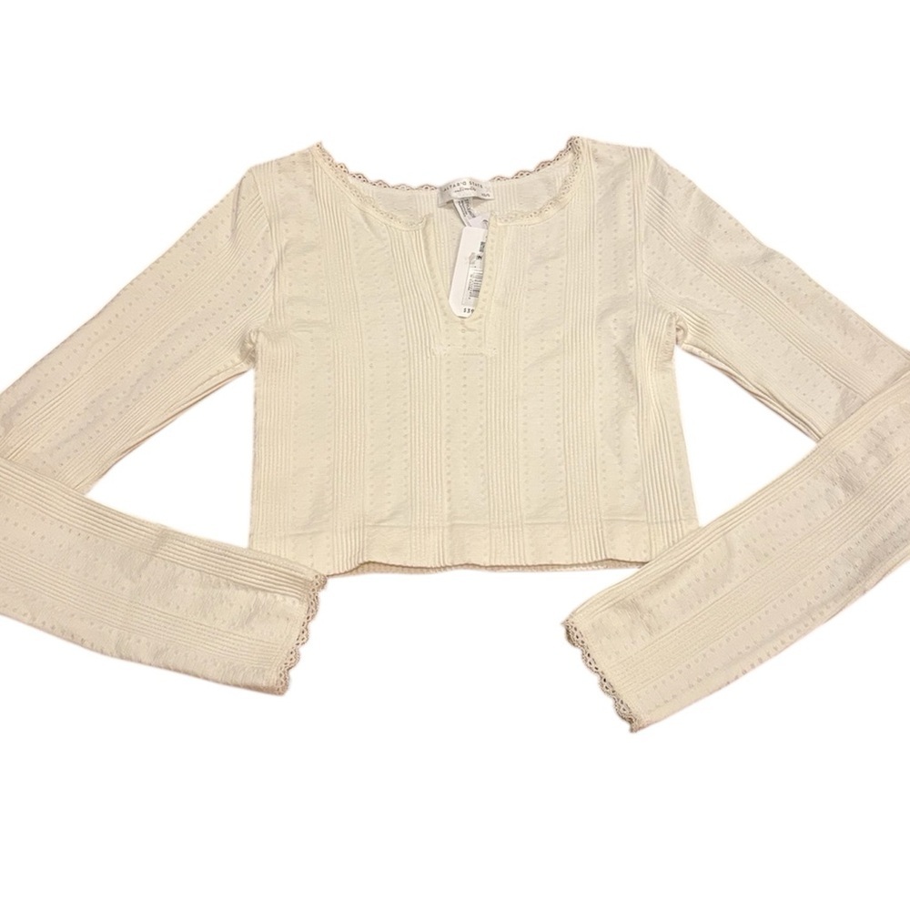 Altar’d State Long Sleeve Tee Cream Cropped Lace Trim NWT XS/S